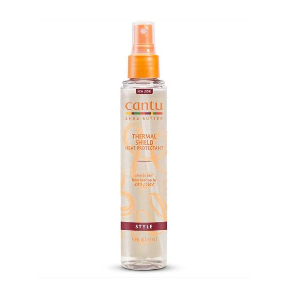 Cantu Thermal Shield Sprayflasche. Aufschrift: "Thermal Shield Heat Protectant". Orangefarbener Sprühkopf. "NEW LOOK"-Label.
