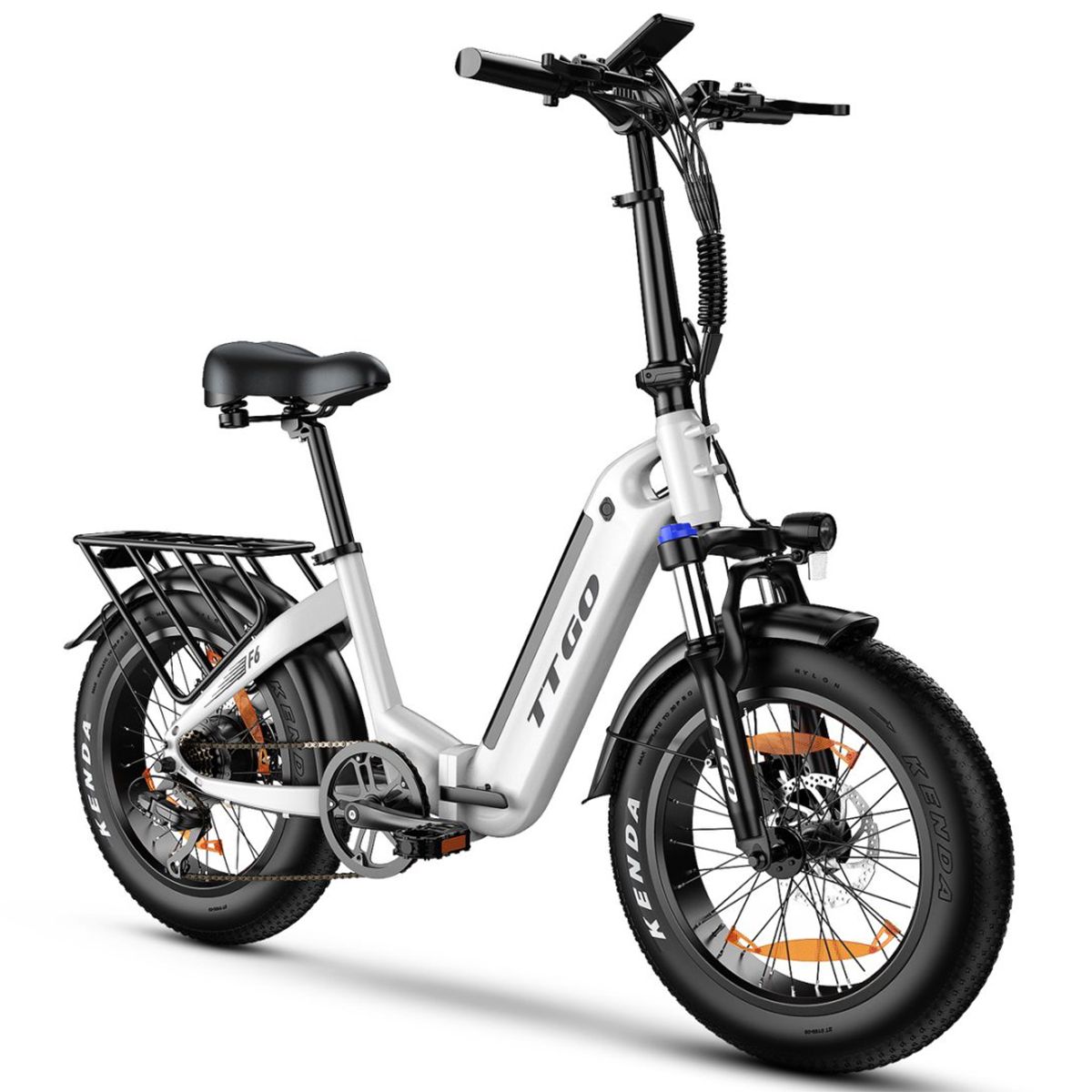 Faltbares E-Bike, weiß, schwarz, mit Gepäckträger. Marke TTGO. Schwarze Reifen mit Kenda-Schriftzug. Vorder- und Rücklicht.