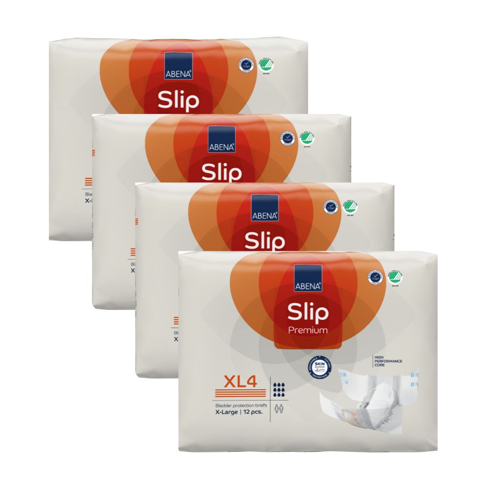 Vier Packungen ABENA Slip Premium. XL4, 12 Stück. Orange-weißes Design mit Produktnamen und Logo.
