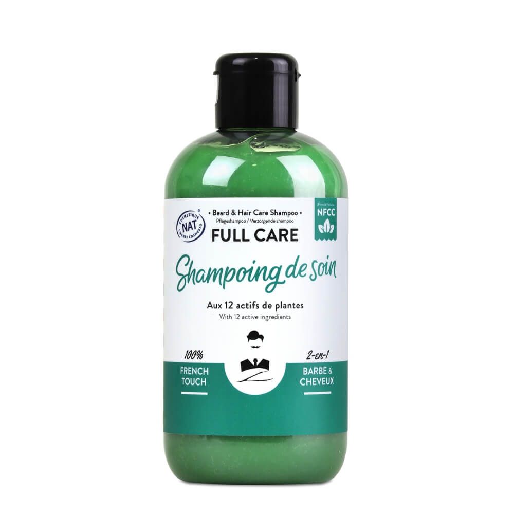 Grüne Flasche Monsieur BARBIER 2-in-1 Bart- und Haarshampoo. Schwarzer Deckel, weiße Etiketten mit Text und Logo.