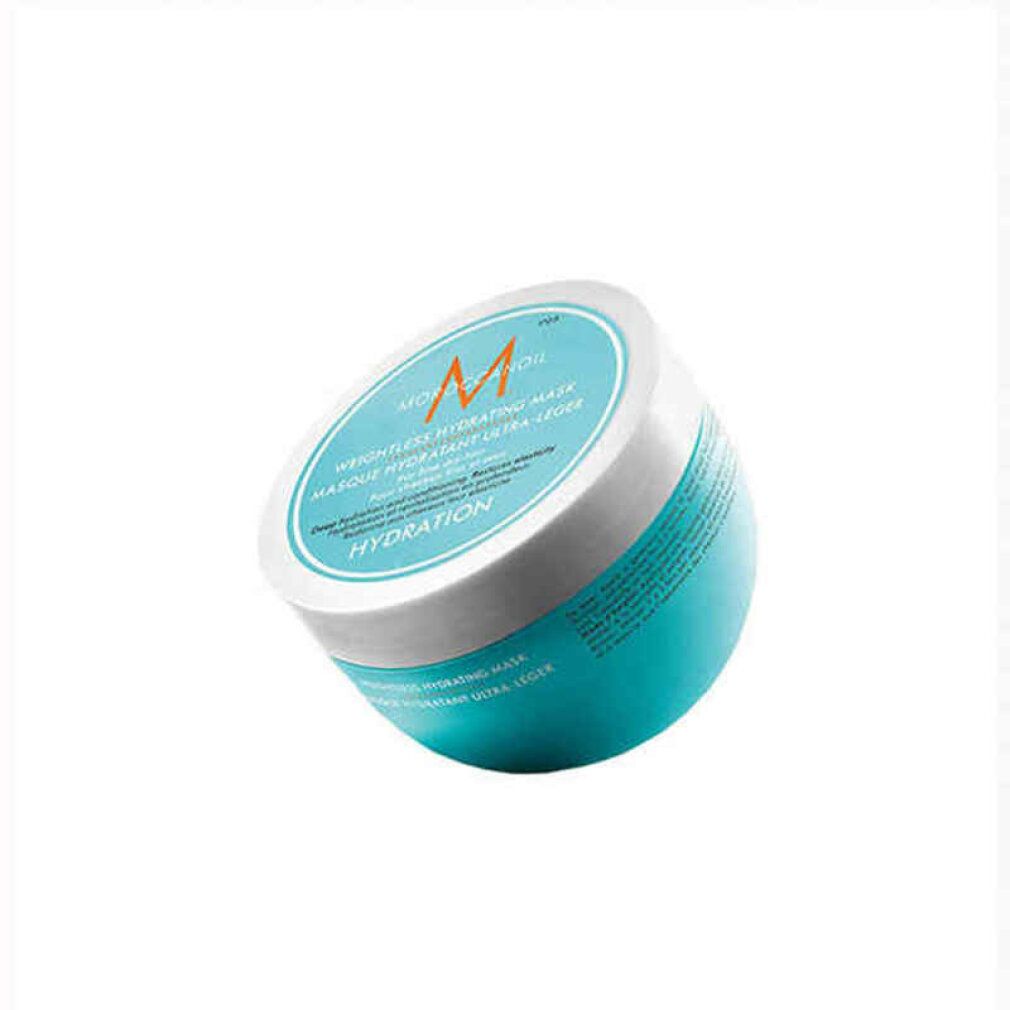 Türkis-weißer Tiegel. Aufschrift: Moroccanoil, Weightless Hydrating Mask, Masque Hydratant Ultra-Léger, Hydration.
