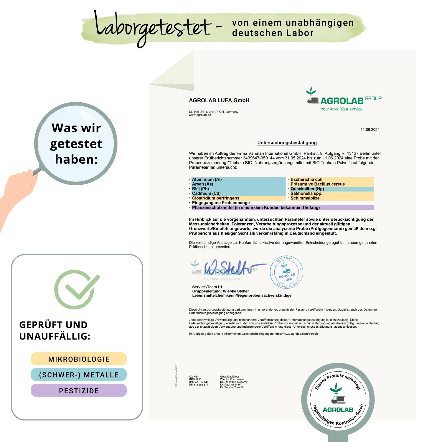 Laborbericht von Agrolab. Enthält Testergebnisse für Mikrobiologie, Schwermetalle und Pestizide. Geprüft und unauffällig.