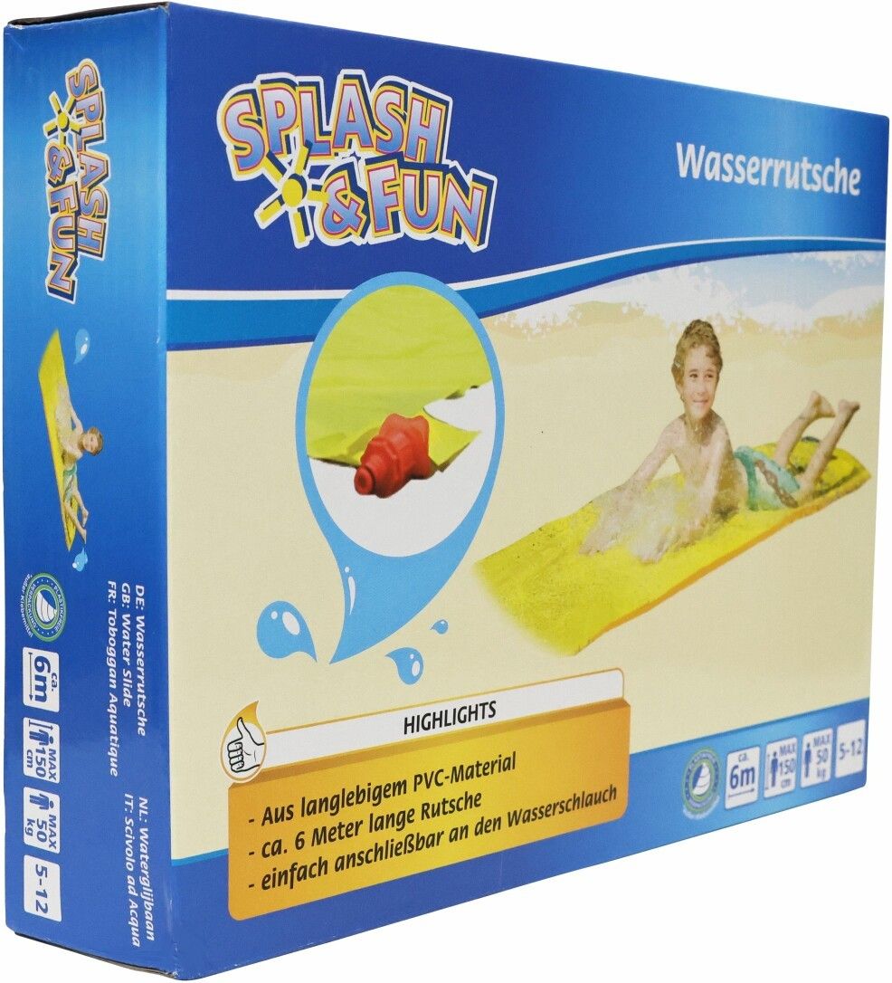 Verpackung der Wasserrutsche. Gelbe Rutsche, Kind, rotes Zubehör. Text: Splash & Fun, Wasserrutsche, 6m, PVC-Material.