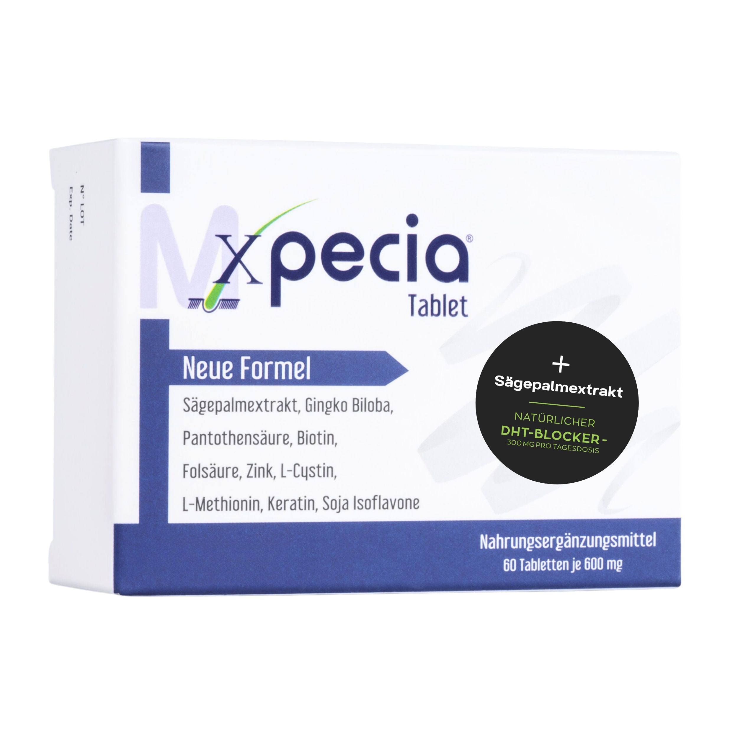 Xpecia Tablette-Packung. Weiße Schachtel mit blauer Schrift. Enthält 60 Tabletten. Zutaten: Sägepalmenextrakt, Ginkgo Biloba, etc.