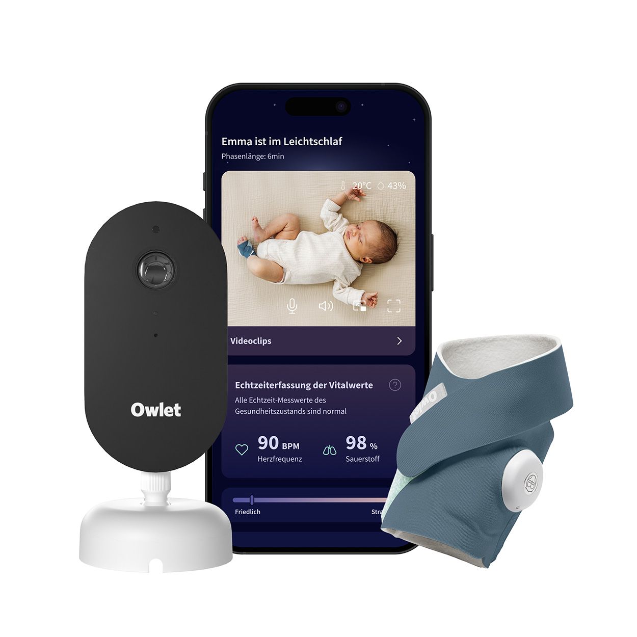 Schwarze Kamera, blaues Socken-Sensor, Smartphone mit Baby-Vitaldaten. Bildschirm zeigt Herzfrequenz und Sauerstoffsättigung.