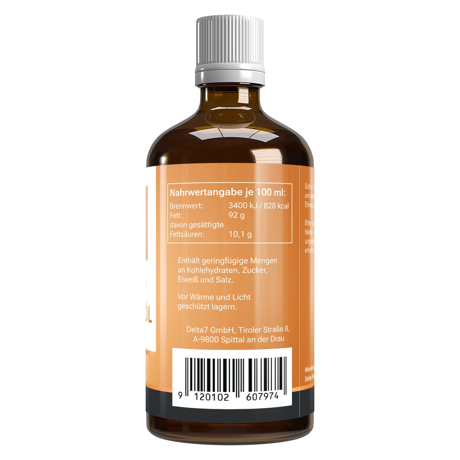 Rückseite einer Mandelöl-Flasche. Text: Nährwertangaben, Brennwert, Fett, gesättigte Fettsäuren, Barcode.