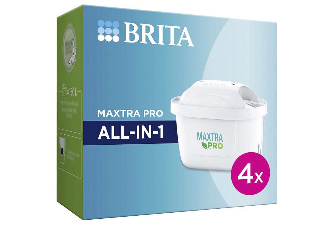 BRITA Maxtra Pro All-in-1 Pack. Weißer Filter und Verpackung mit Logo und Text. 4 Stück. Grün-blaue Verpackung.