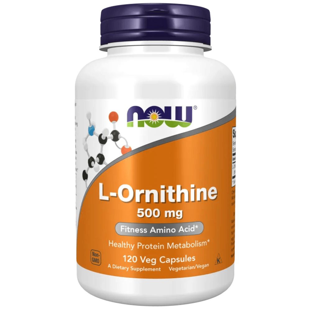 Weiße Flasche mit blauem Deckel. Aufschrift: L-Ornithin, 500 mg, Fitness Amino Acid, 120 Veg Capsules. Marke: NOW.