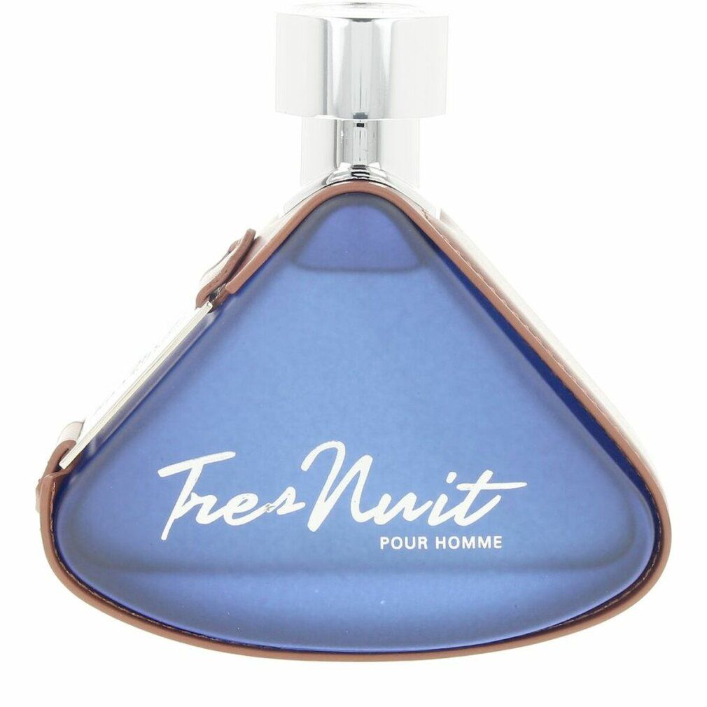 Blaues Parfümflakon mit silbernem Verschluss und brauner Lederumrandung. Schriftzug 'Tres Nuit Pour Homme' in Weiß.