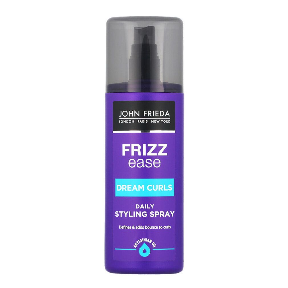 Lila Sprühflasche mit schwarzem Sprühkopf. Aufschrift: John Frieda, Frizz Ease, Dream Curls, Daily Styling Spray.