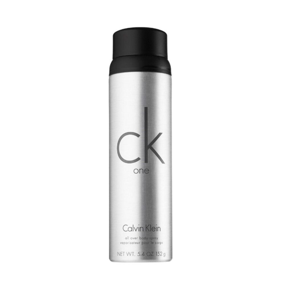 Körper-Spray-Dose. Silberfarben mit schwarzem Deckel. "ck one" und "Calvin Klein" Schriftzug.