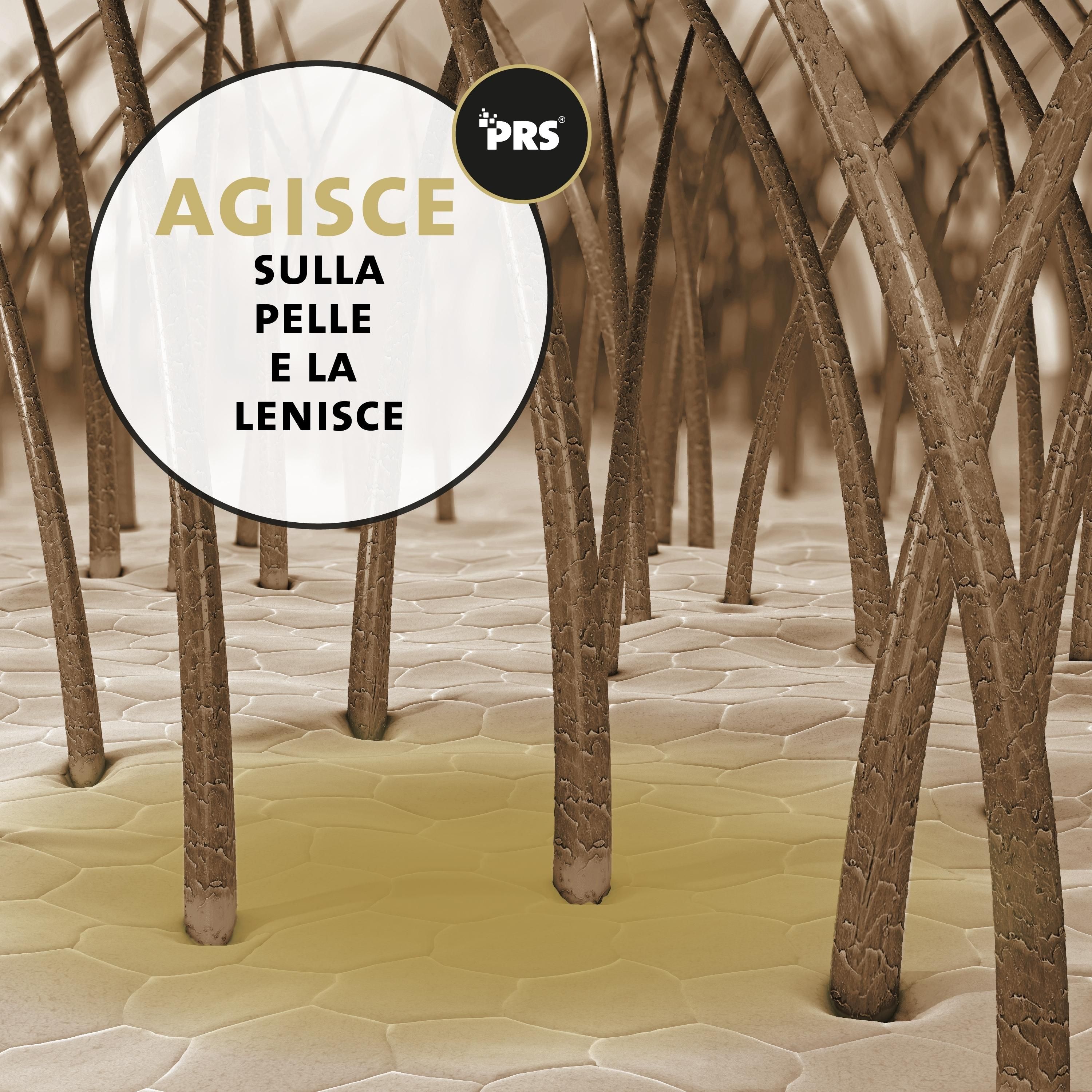 Nahaufnahme von Pferdehaar. Text: Wirkt auf der Haut und beruhigt. PRS-Logo.