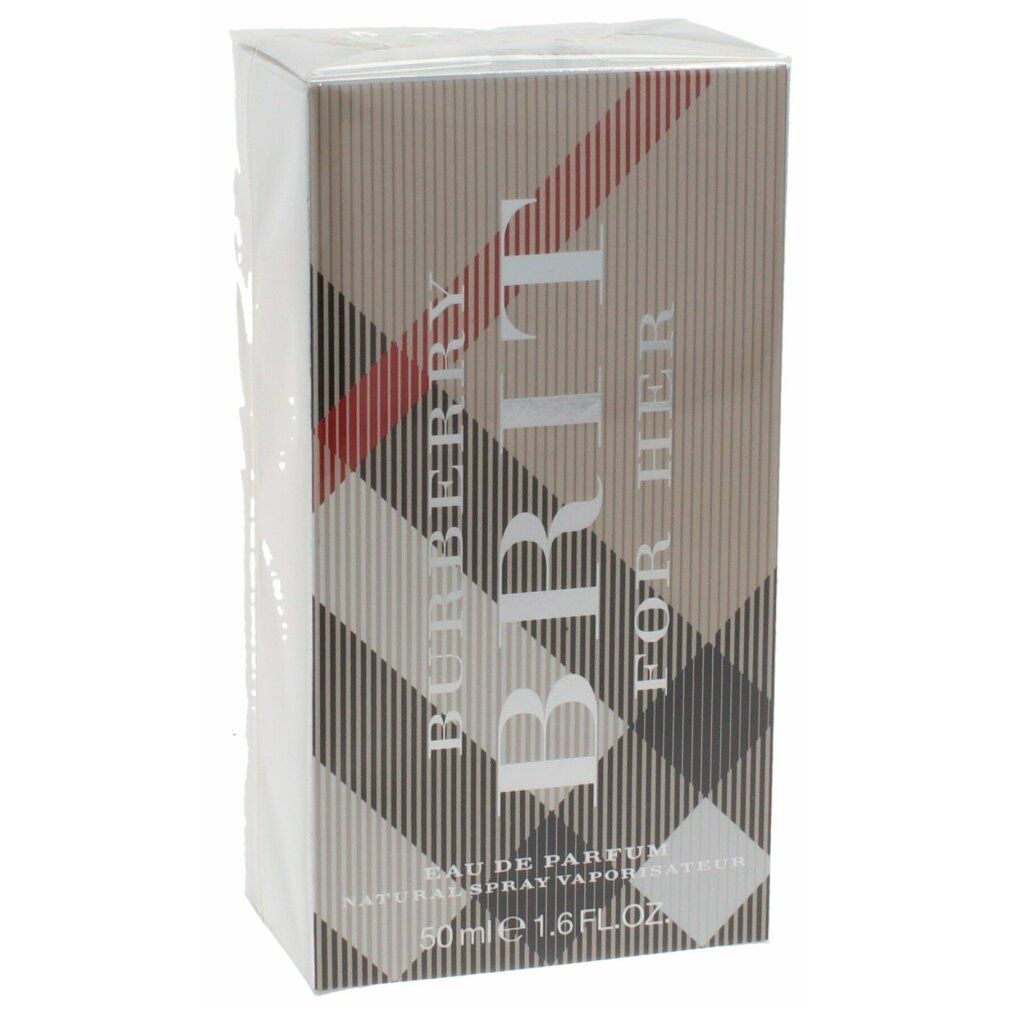 Verpackung von Burberry Brit for Her. Beige-karierte Box mit Schriftzug und Logo. Folie umhüllt.