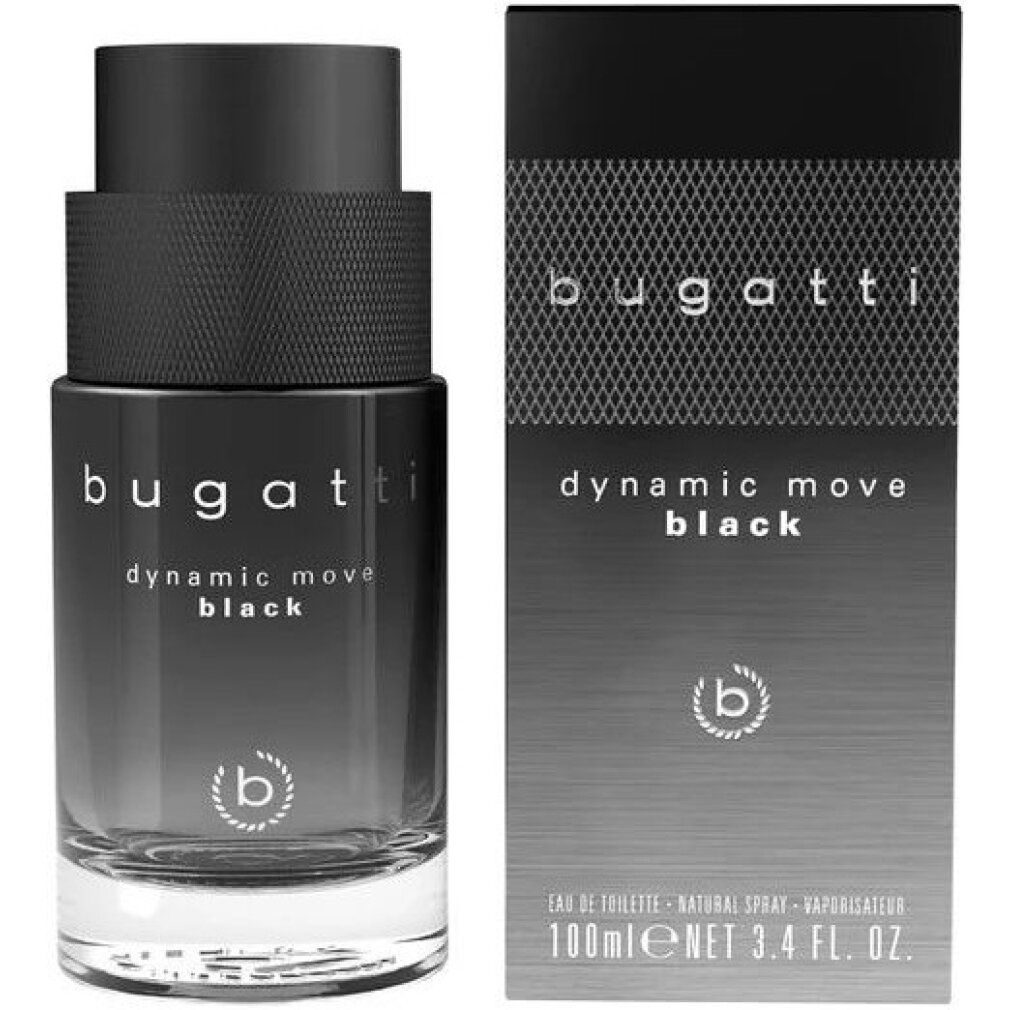 Schwarzer Flakon und Verpackung. Aufschrift: bugatti, dynamic move black. Flakon mit Zerstäuber. Verpackung mit Logo und Text.