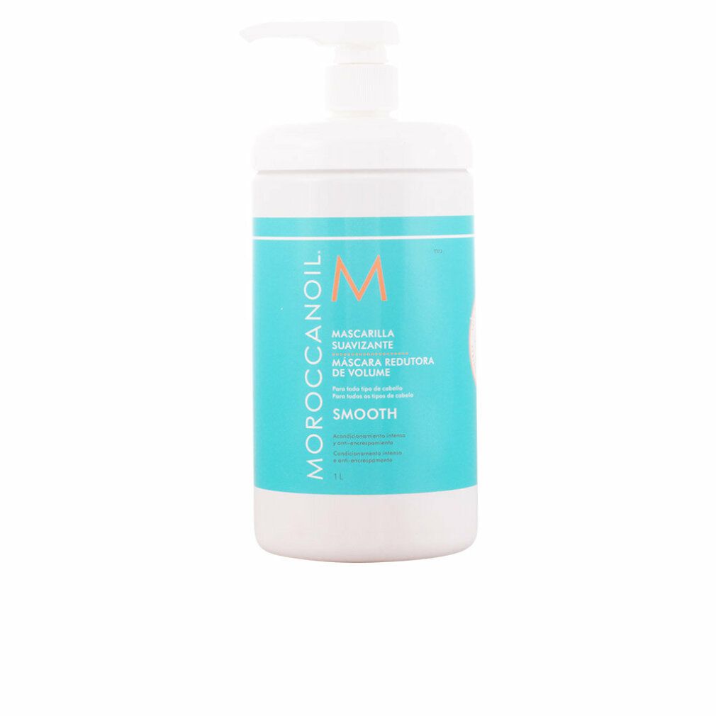 Weißer Behälter mit blauem Etikett. Aufschrift: Moroccanoil, Mascarilla Suavizante, M. Mit Pumpe.
