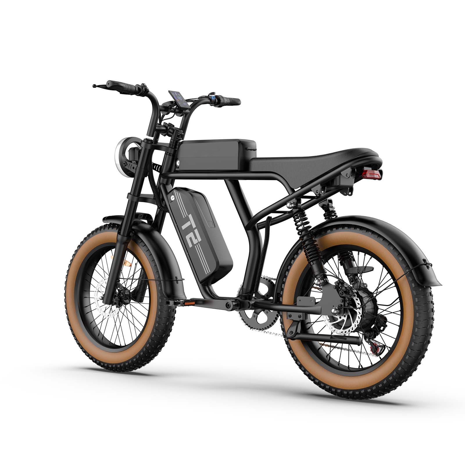 Schwarzes Elektrofahrrad mit braunen Reifen. "T2" auf dem Rahmen. Rückansicht, Sattel und Scheinwerfer sichtbar.