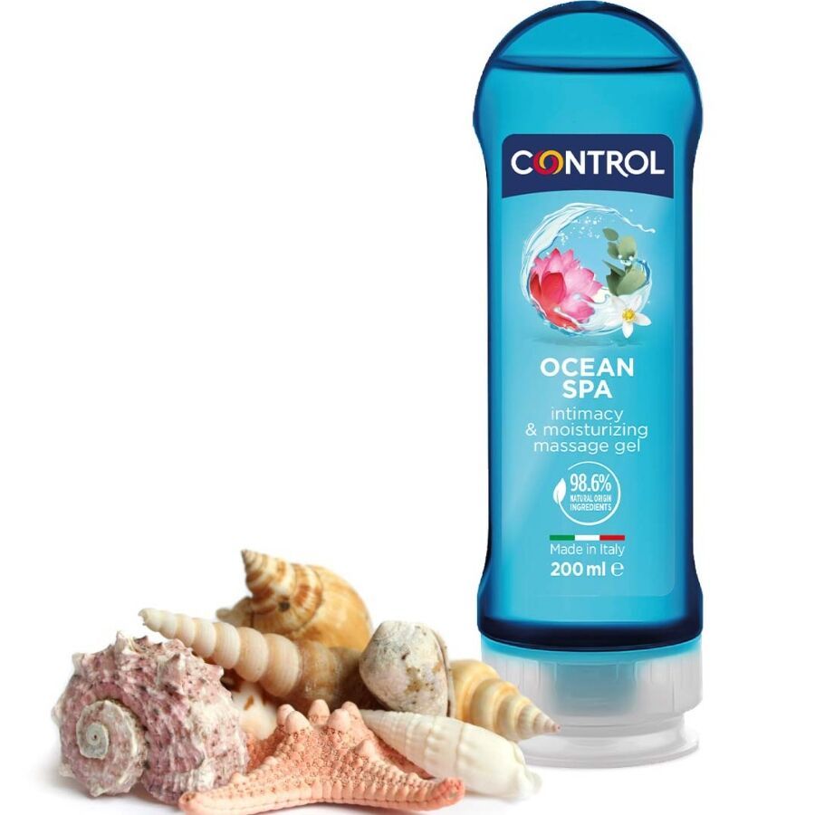 Blau transparente Flasche mit Produkt. Aufschrift CONTROL, Ocean Spa, 2in1 massage gel. 98.6% natürliche Inhaltsstoffe. Hergestellt in Italien.
