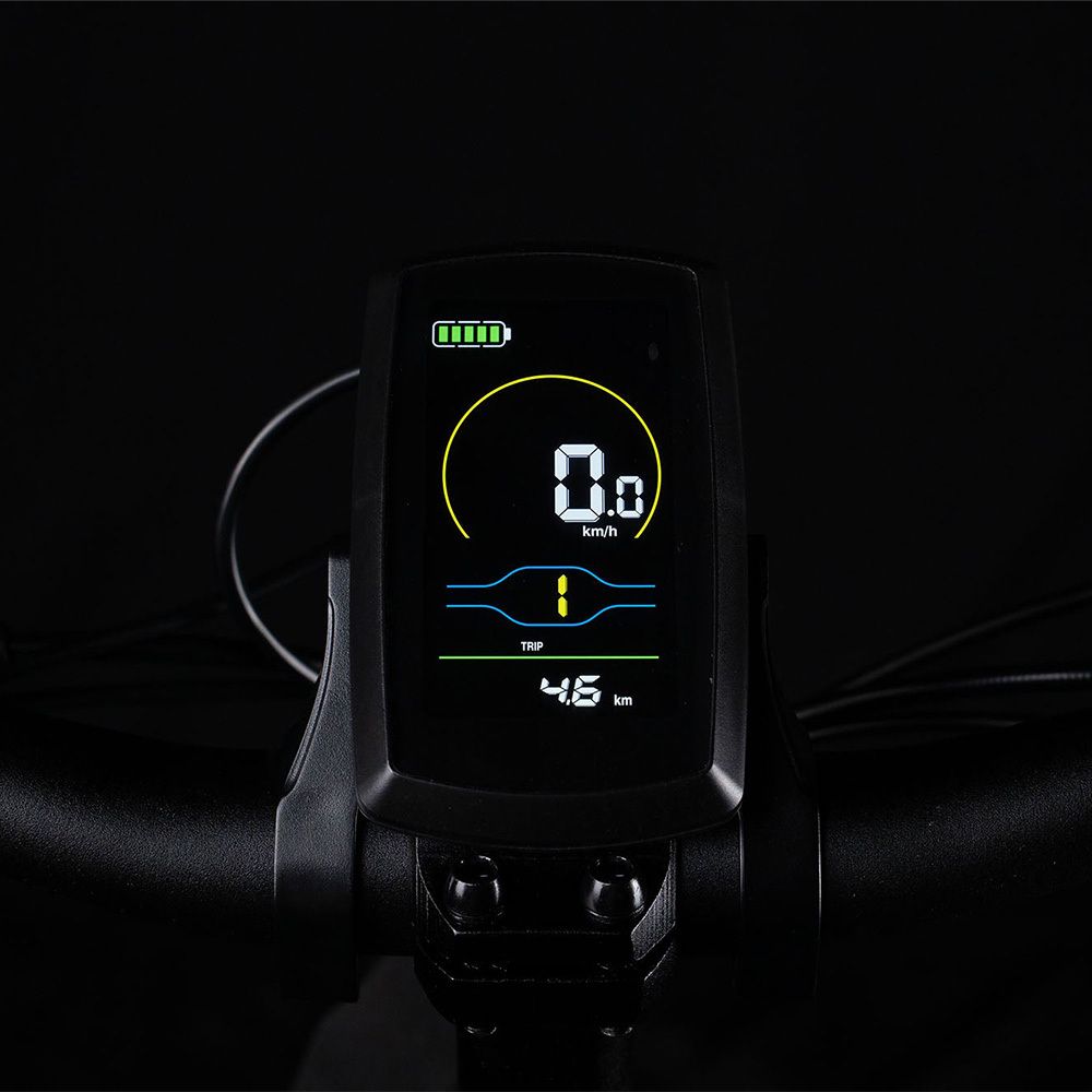 Digitales Display eines E-Bikes. Zeigt Geschwindigkeit, Batteriestatus und zurückgelegte Strecke an.