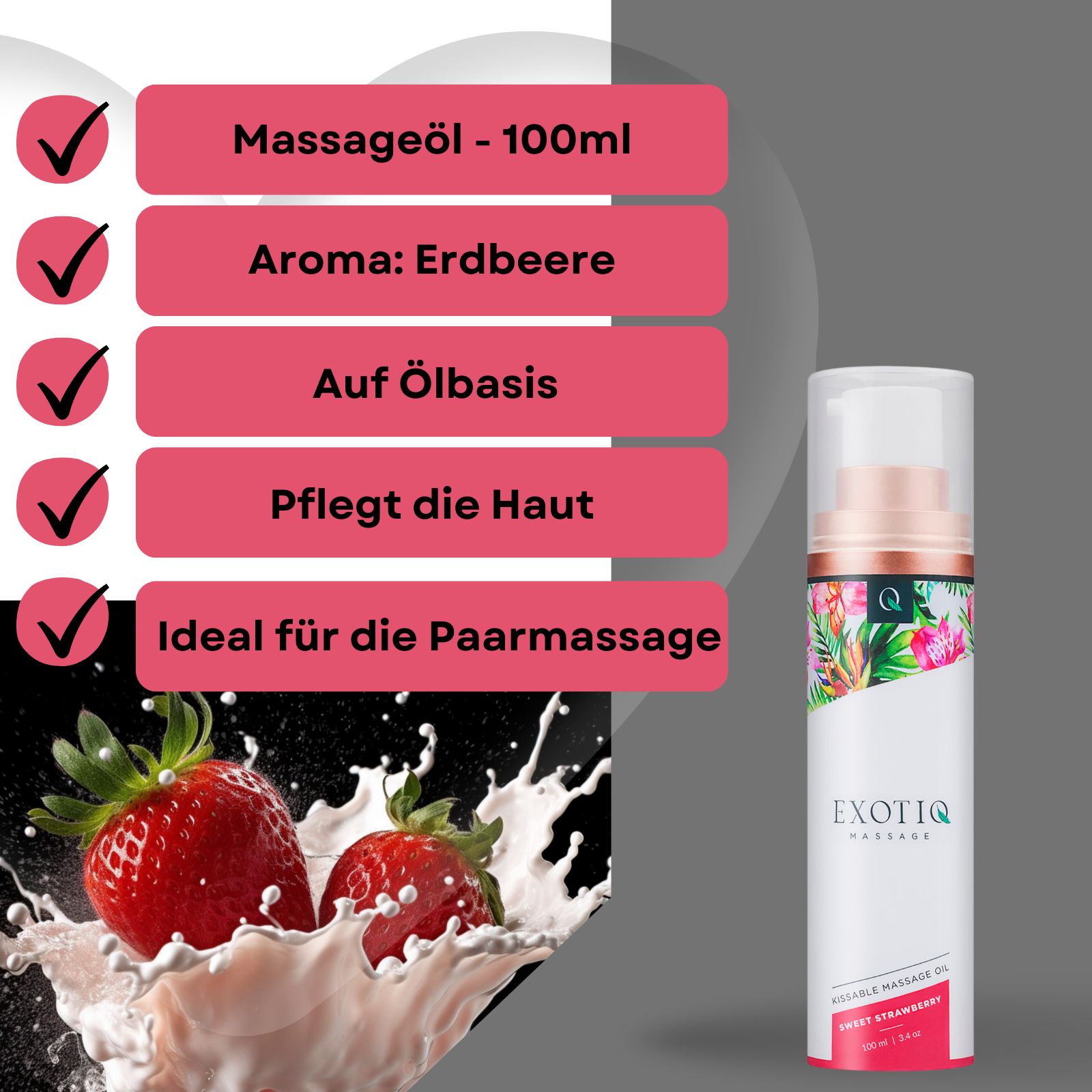 Produkt neben Erdbeeren und Milchspritzern. Text: Massageöl, Aroma Erdbeere, auf Ölbasis, pflegt die Haut, ideal für Paarmassage.