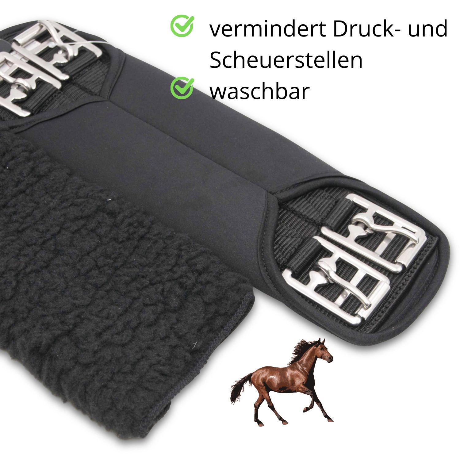 Sattelgurtschoner und Sattelgurt. Schwarzes Material. Metallverschlüsse. Text: vermindert Druck- und Scheuerstellen, waschbar.
