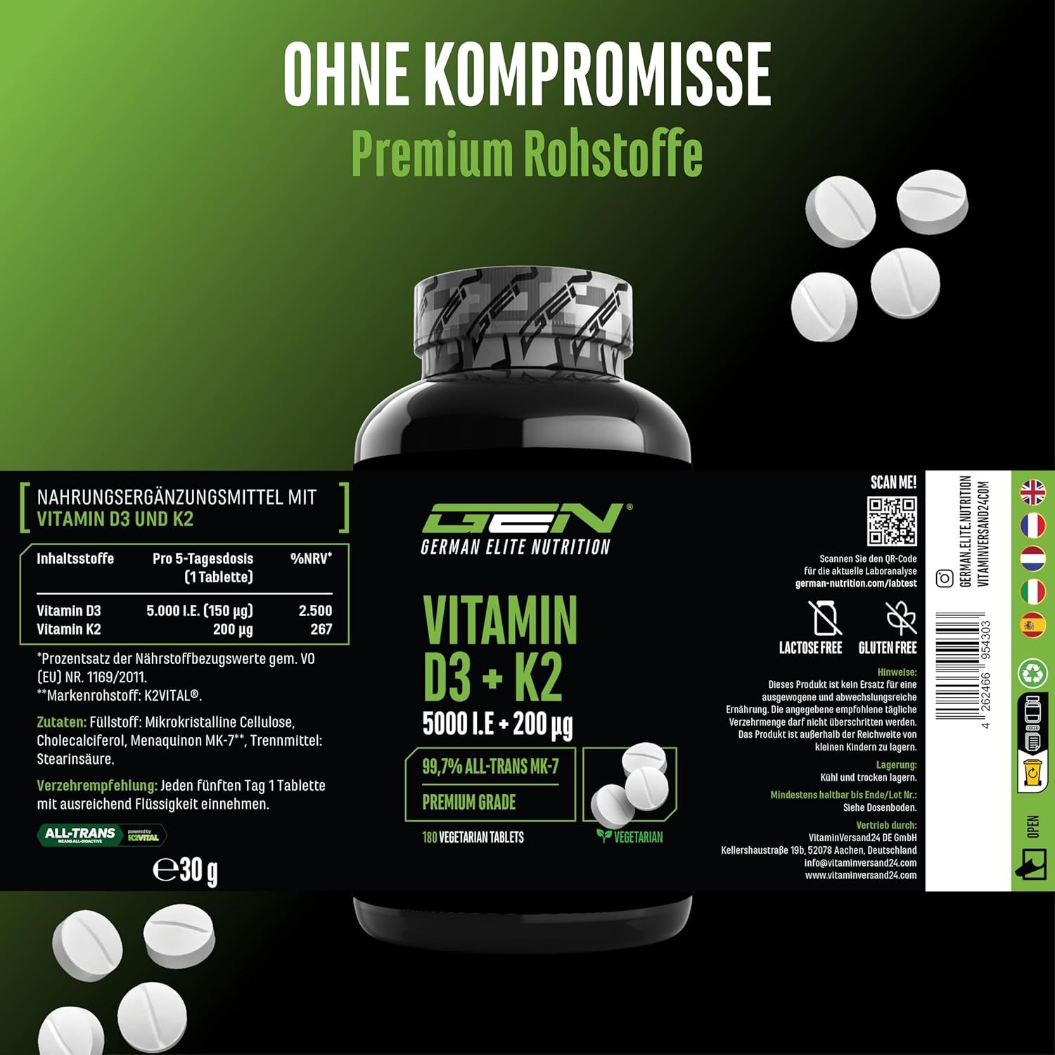 GEN Vitamin D3 + K2 Flasche mit Tabletten. Schwarzes Etikett mit Produktinformationen. Tabletten liegen daneben.