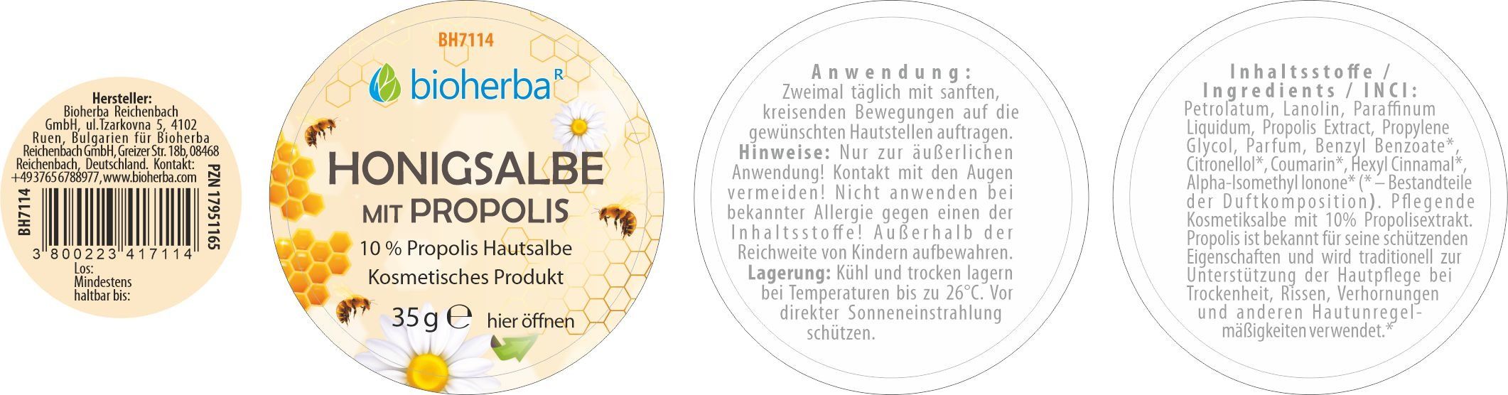 Runde Dose Honigsalbe mit Propolis. Deckel mit Produktname, Bienen, Kamille. 35g. Kosmetisches Produkt.