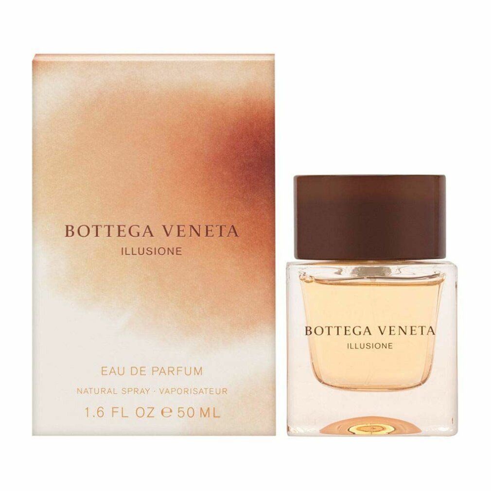 Bottega Veneta Illusione Eau de Parfum Spray, 50 ml, mit Verpackung. Rechteckiger Flakon, brauner Deckel.