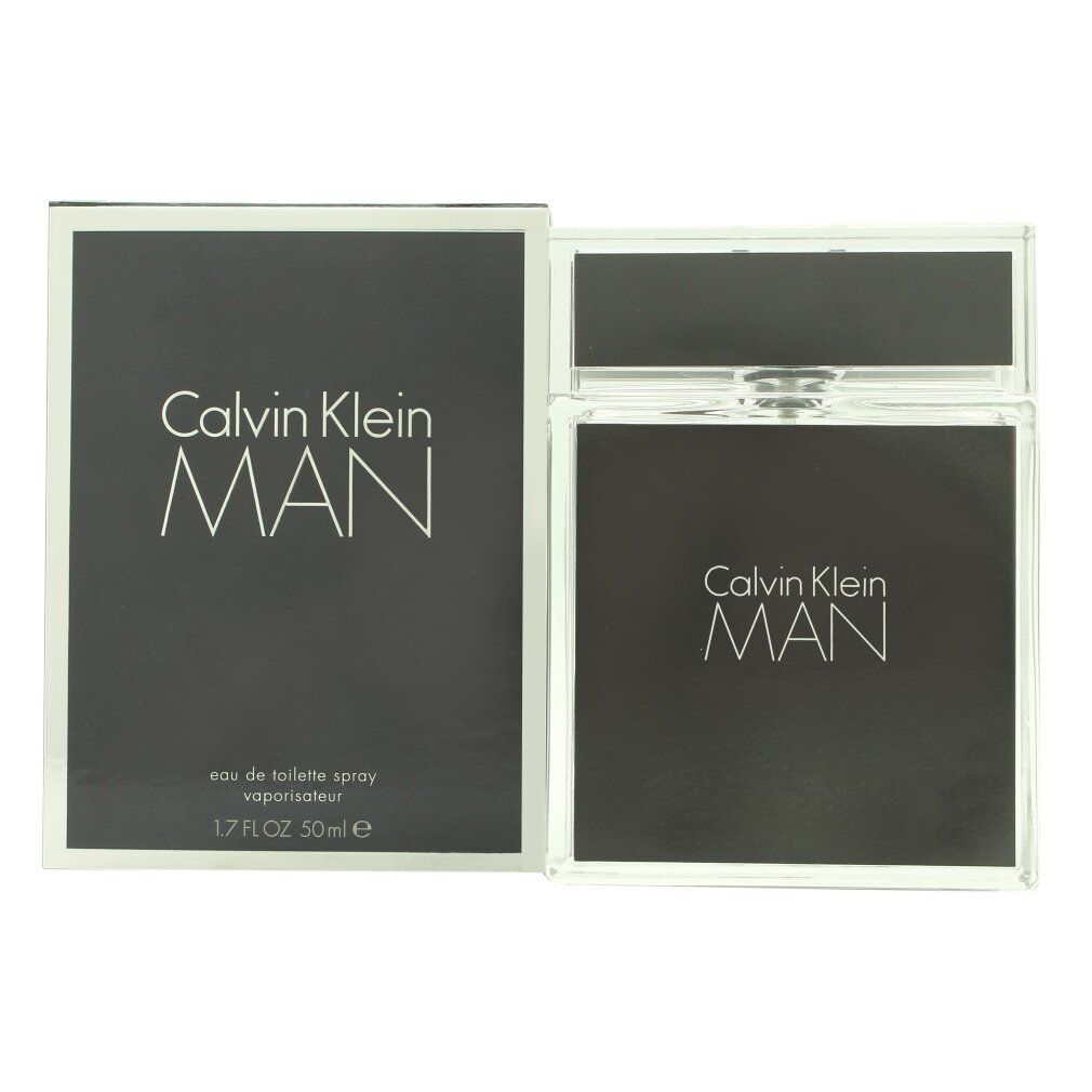 Dunkelgraue Schachtel und Flakon. Aufschrift "Calvin Klein MAN". Flakon mit silbernem Deckel. Text: "Eau de Toilette Spray".