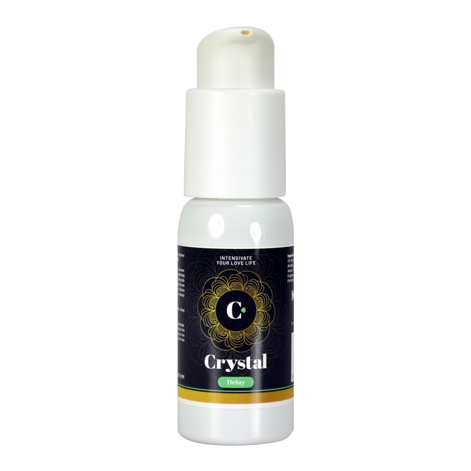 Weiße Flasche mit Pumpkopf. Aufschrift "Crystal Delay". Schwarzer Hintergrund mit goldenem Muster.