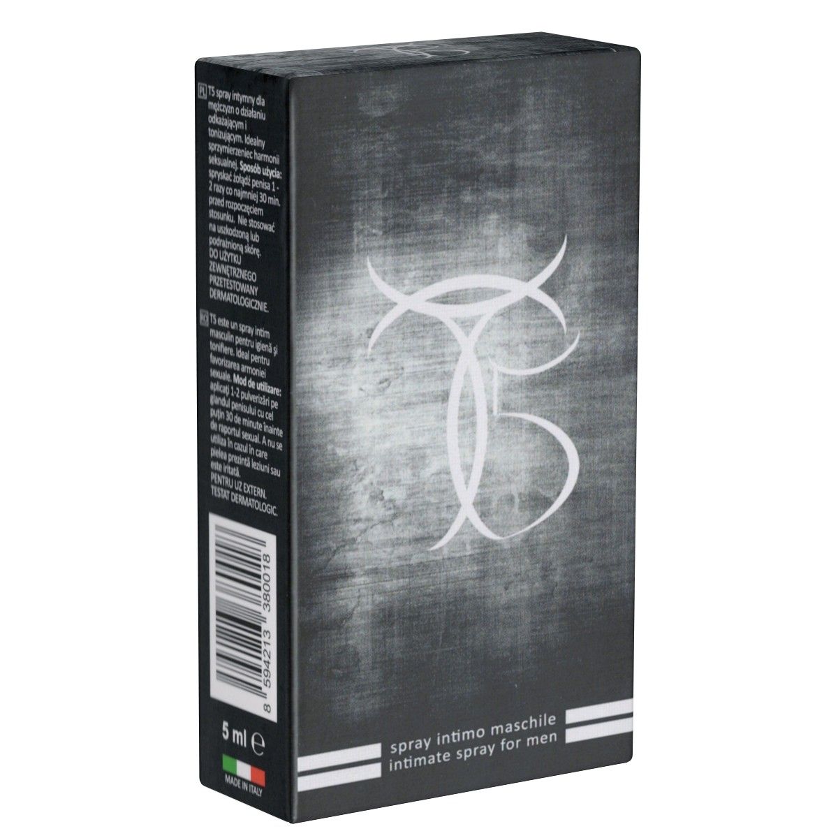Schwarze Verpackung mit weißem Logo. Text: Intimate spray for men, 5 ml. Italienische Flagge.