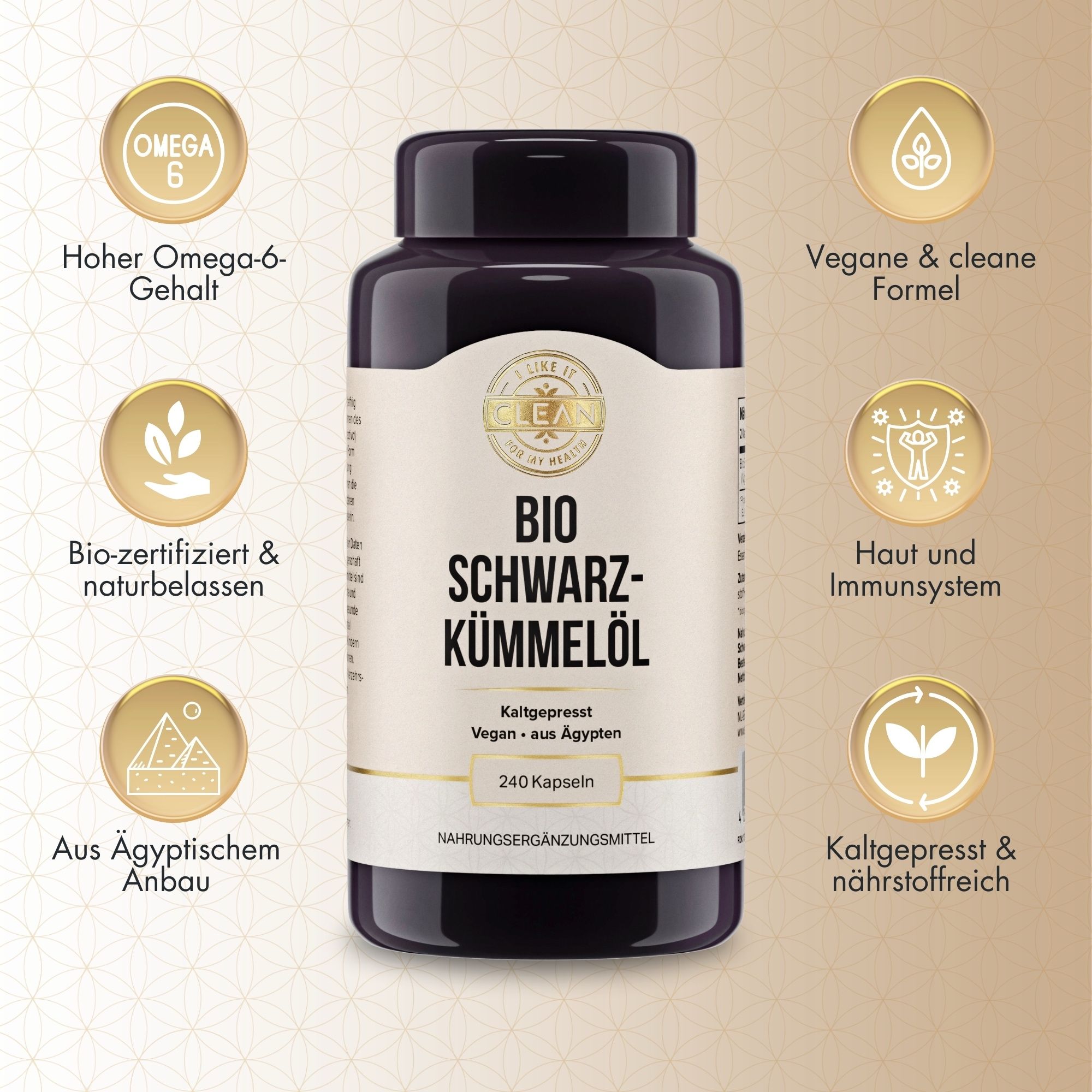 Schwarze Flasche mit Kapseln. Text: BIO SCHWARZ-KÜMMELÖL, 240 Kapseln. Merkmale: Omega-6, vegane Formel, bio-zertifiziert, kaltgepresst.