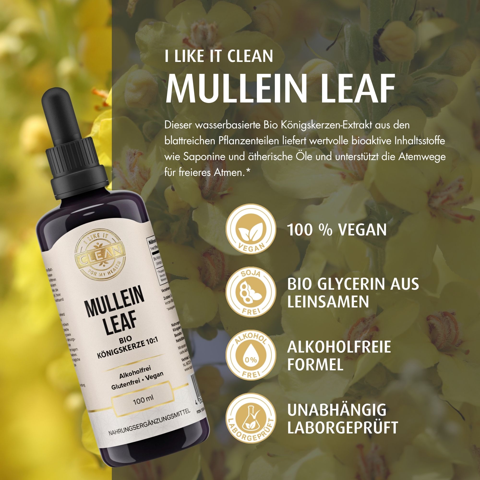 Braune Flasche mit Pipette. Text: Mullein Leaf, Bio Königskerze 10:1, 100 ml. Zusätzliche Informationen in Kreisen.