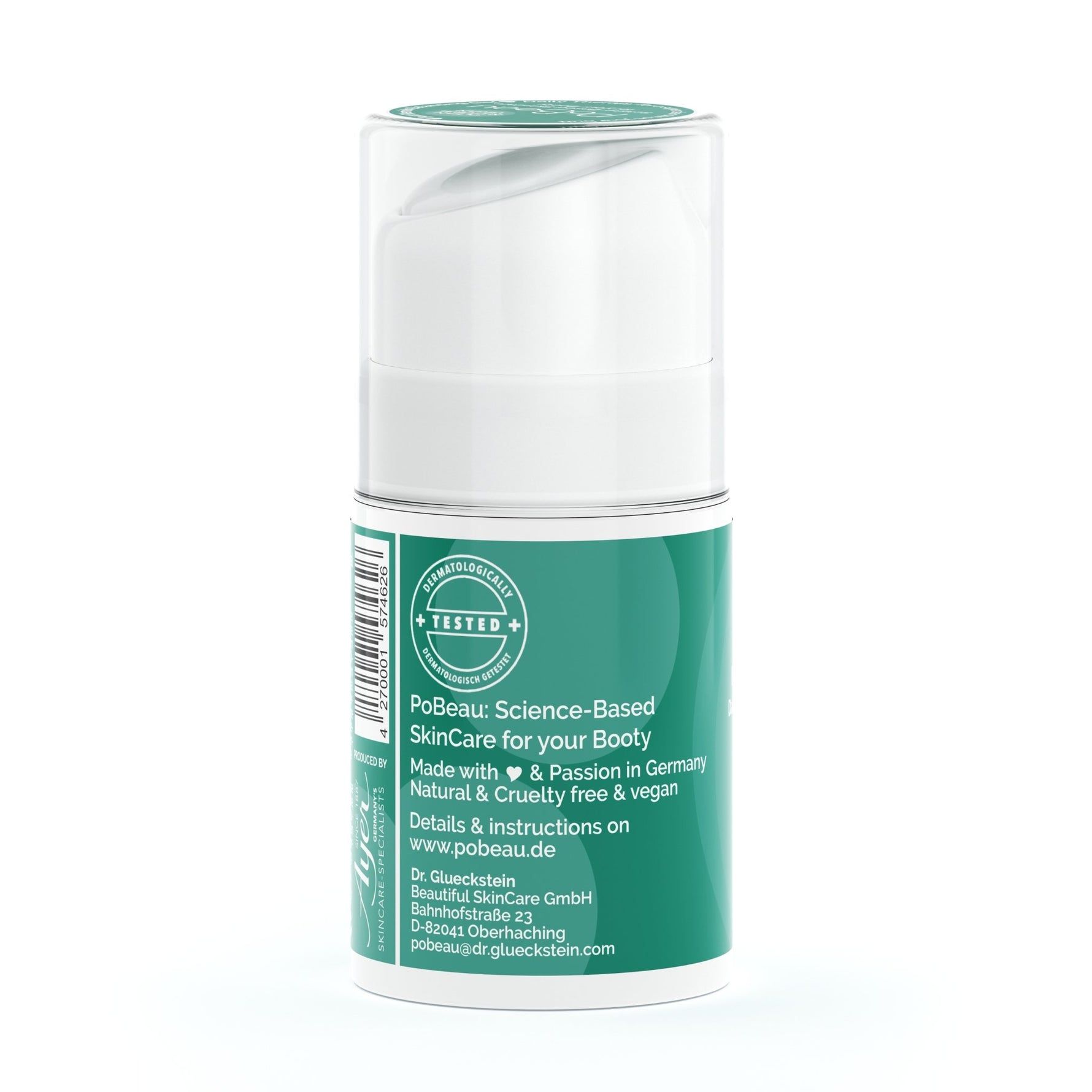 Pobeau Butt Blemish Balancing Gel. Rückseite. Grünes Etikett mit Text: Science-Based SkinCare, Made with & Passion, vegan. Getestet-Siegel.