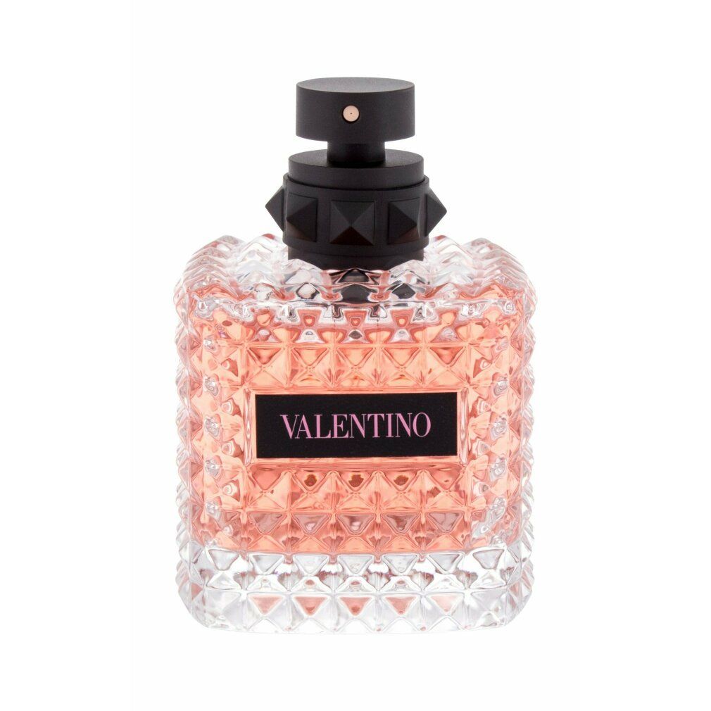 Valentino Born in Roma Eau de Parfum. Rosa Flakon mit pyramidenförmigen Details. Schwarzer Deckel mit schwarzem Detail.