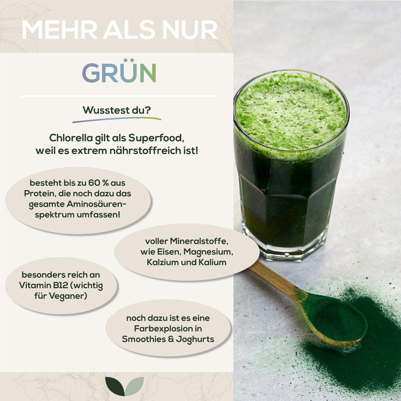 Glas mit grünem Getränk und Löffel mit Pulver. Text: "Chlorella gilt als Superfood". Informationen über Nährstoffe und Vorteile.