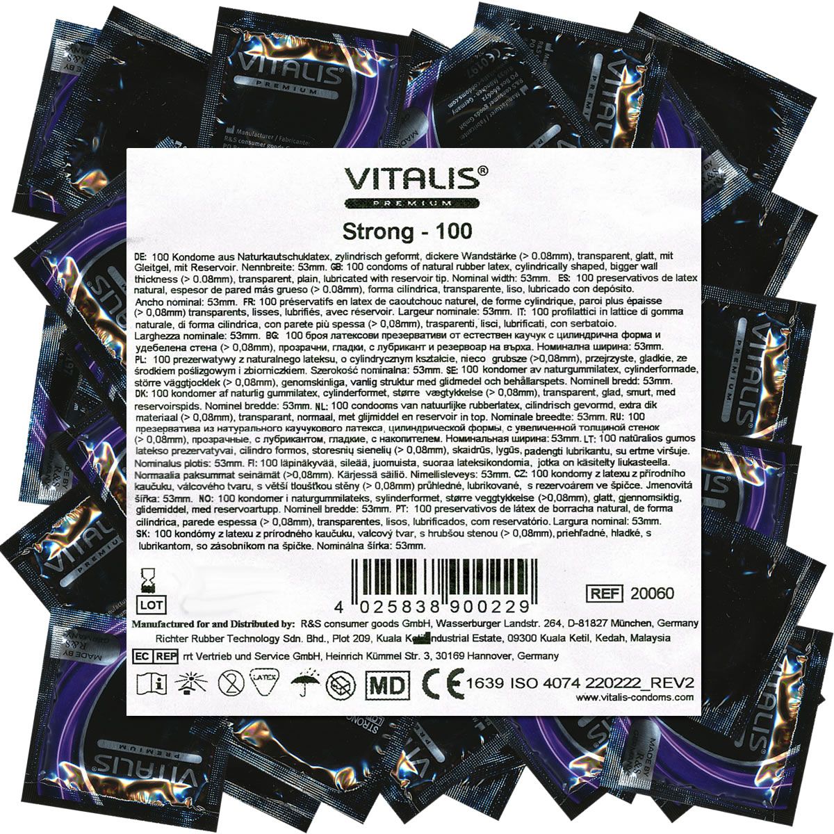 Packung mit Kondomen. Aufdruck: VITALIS PREMIUM Strong - 100. Mit Qualitätszeichen und Chargennummer.