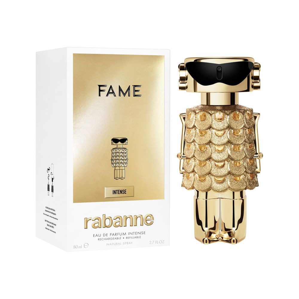 Goldener Flakon und Verpackung. Flakon in Roboterform, goldene Schuppen. Verpackung mit Logo und Schriftzug.