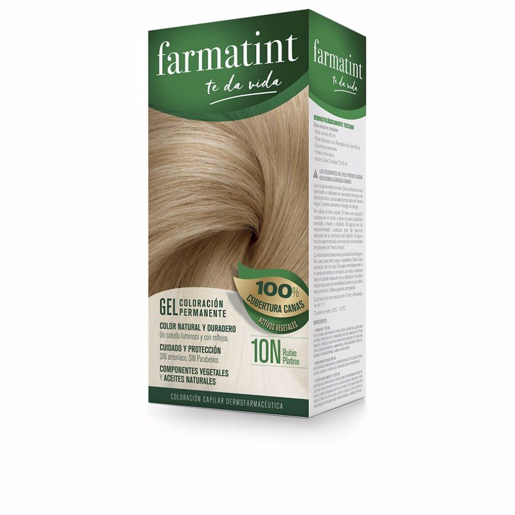 Schachtel mit Haarfärbemittel. Aufschrift: Farmatint, 10N Biondo Platino. Abbildung: blonde Haare.