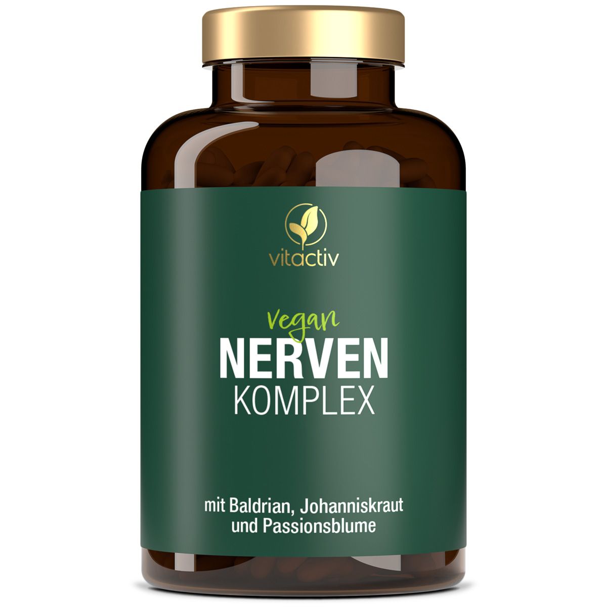 Vitactiv Nerven Komplex Flasche mit goldfarbenem Deckel. Enthält Baldrian, Johanniskraut, Passionsblume.