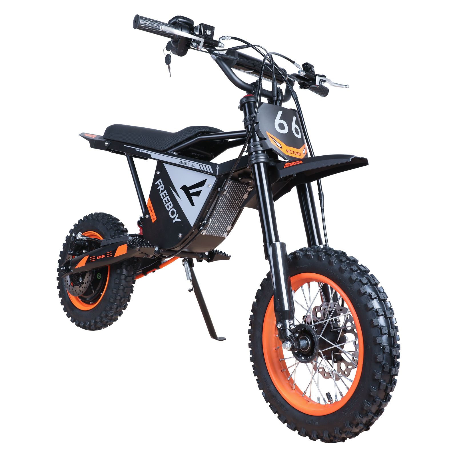 Schwarzes Dirtbike mit orangefarbenen Rädern. Sichtbar: FREEBOY-Logo, Nummer 66.