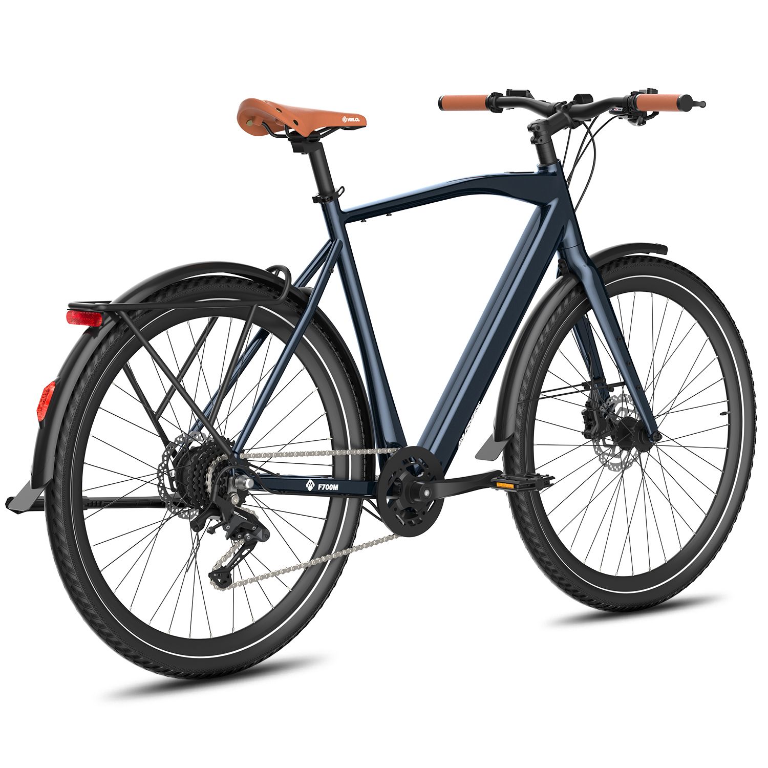 Dunkelblaues Elektrofahrrad mit braunem Sattel und orangefarbenen Griffen. Schwarze Reifen und Schutzbleche. Fafrees-Logo.