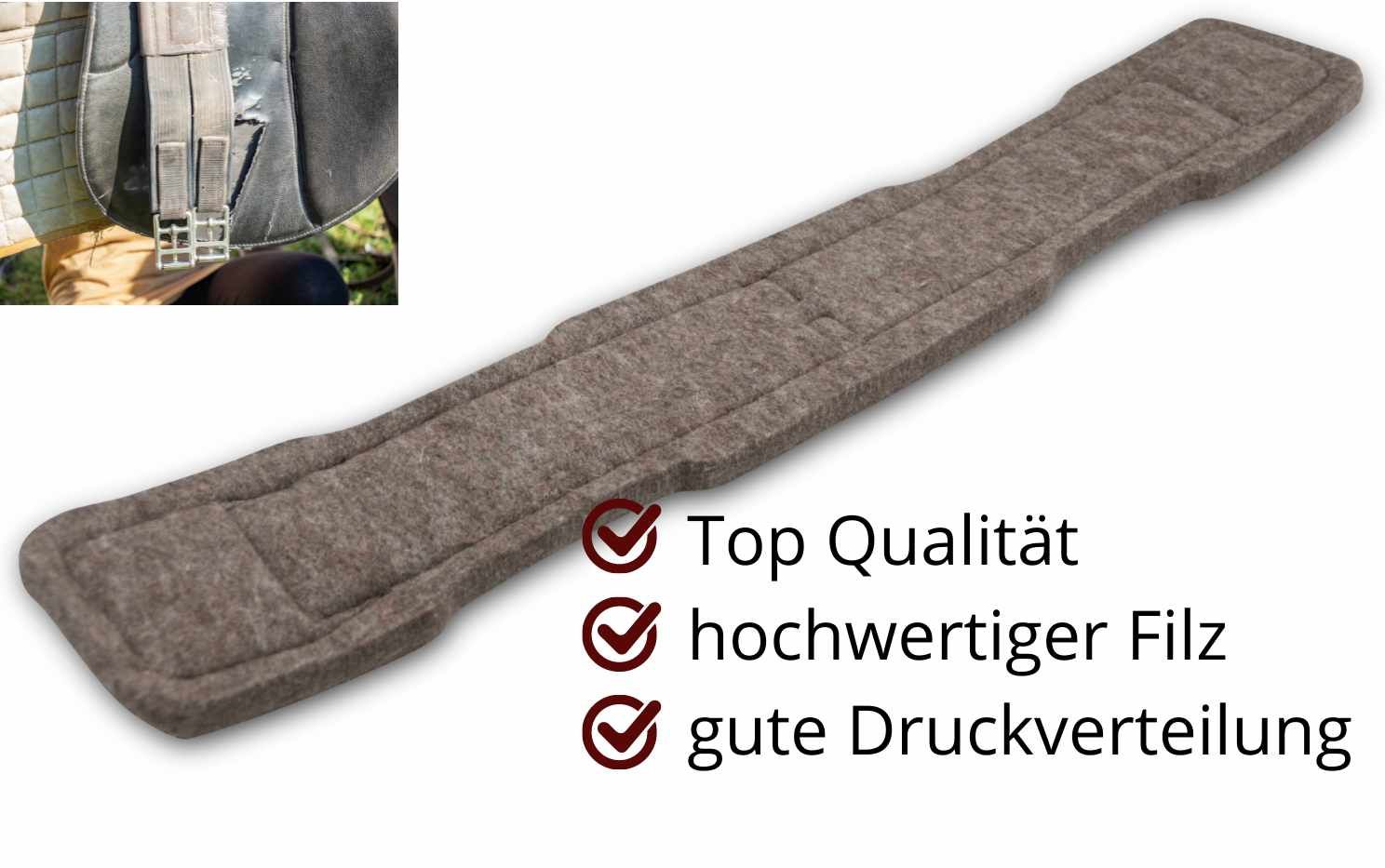 Kurzgurt, grauer Filz, schwarzes Innenband. Text: Top Qualität, hochwertiger Filz, gute Druckverteilung. Ansicht von oben.