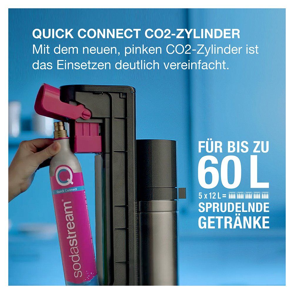 Sodastream Quick Connect CO2-Zylinder wird in Gerät eingesetzt, für bis zu 60L.
