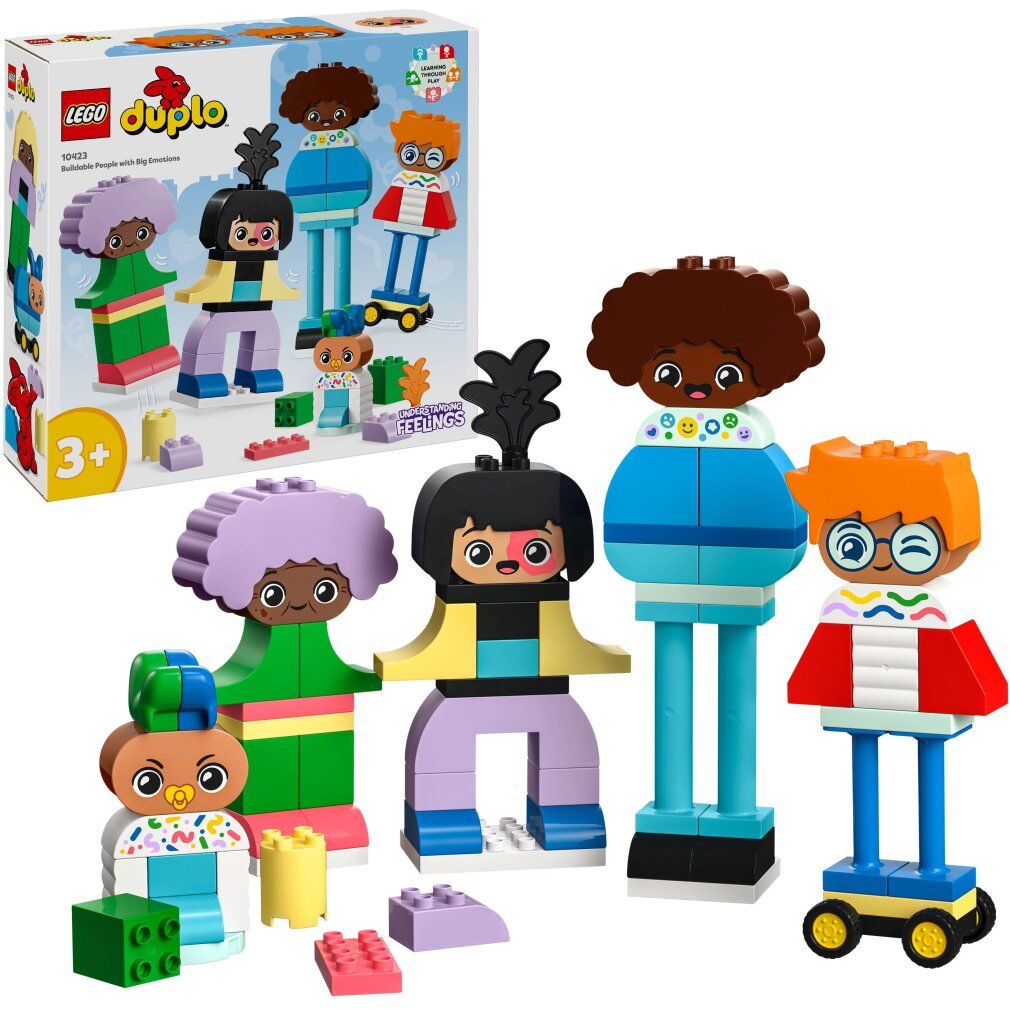 LEGO Duplo Set mit 5 Figuren. Figuren in verschiedenen Farben und Formen. Verpackung mit Produktname und Altersempfehlung.