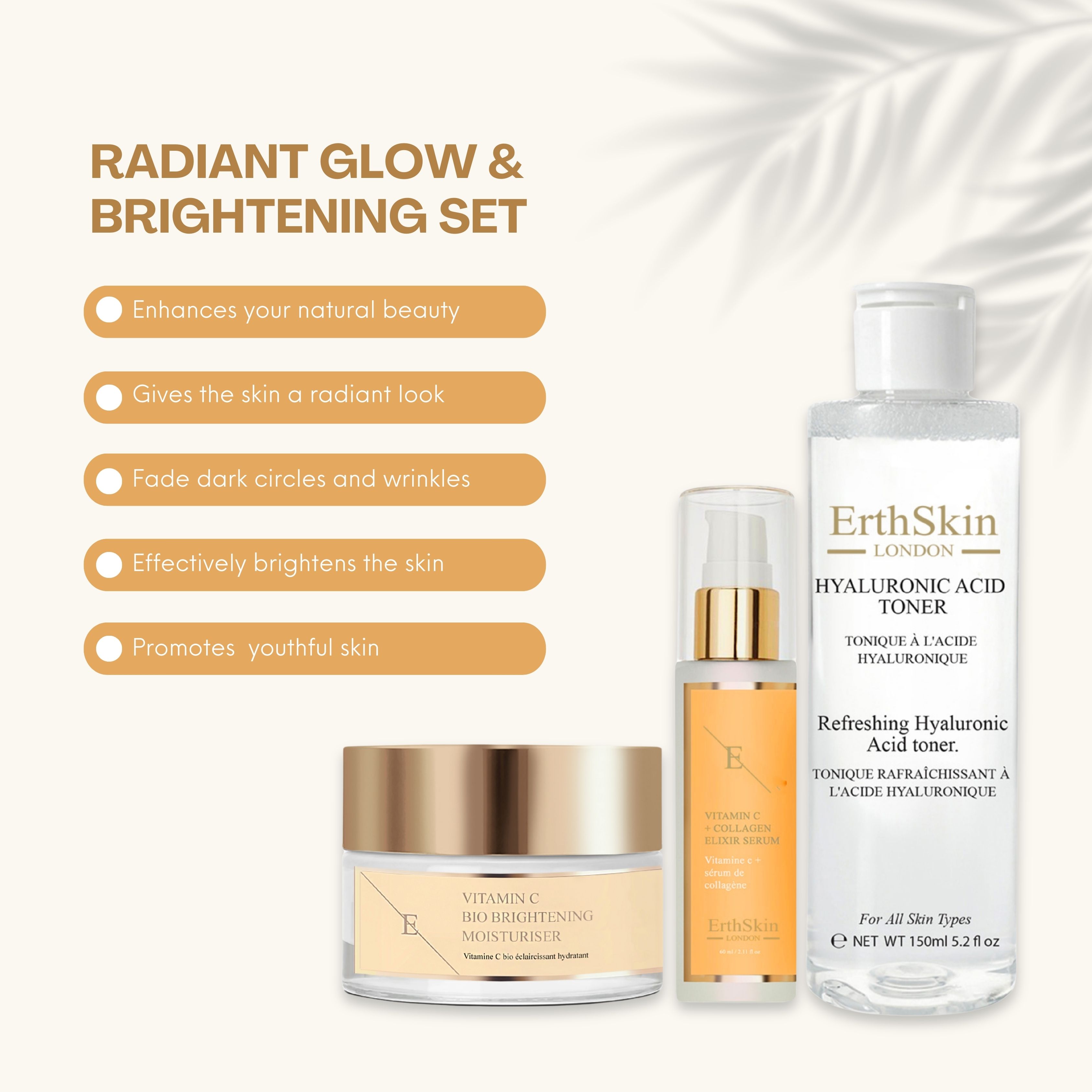 Set aus Creme, Serum und Toner. Text: Radiant Glow & Brightening Set. Creme- und Serumbehälter mit goldfarbenen Deckeln. Tonerflasche mit weißem Deckel.