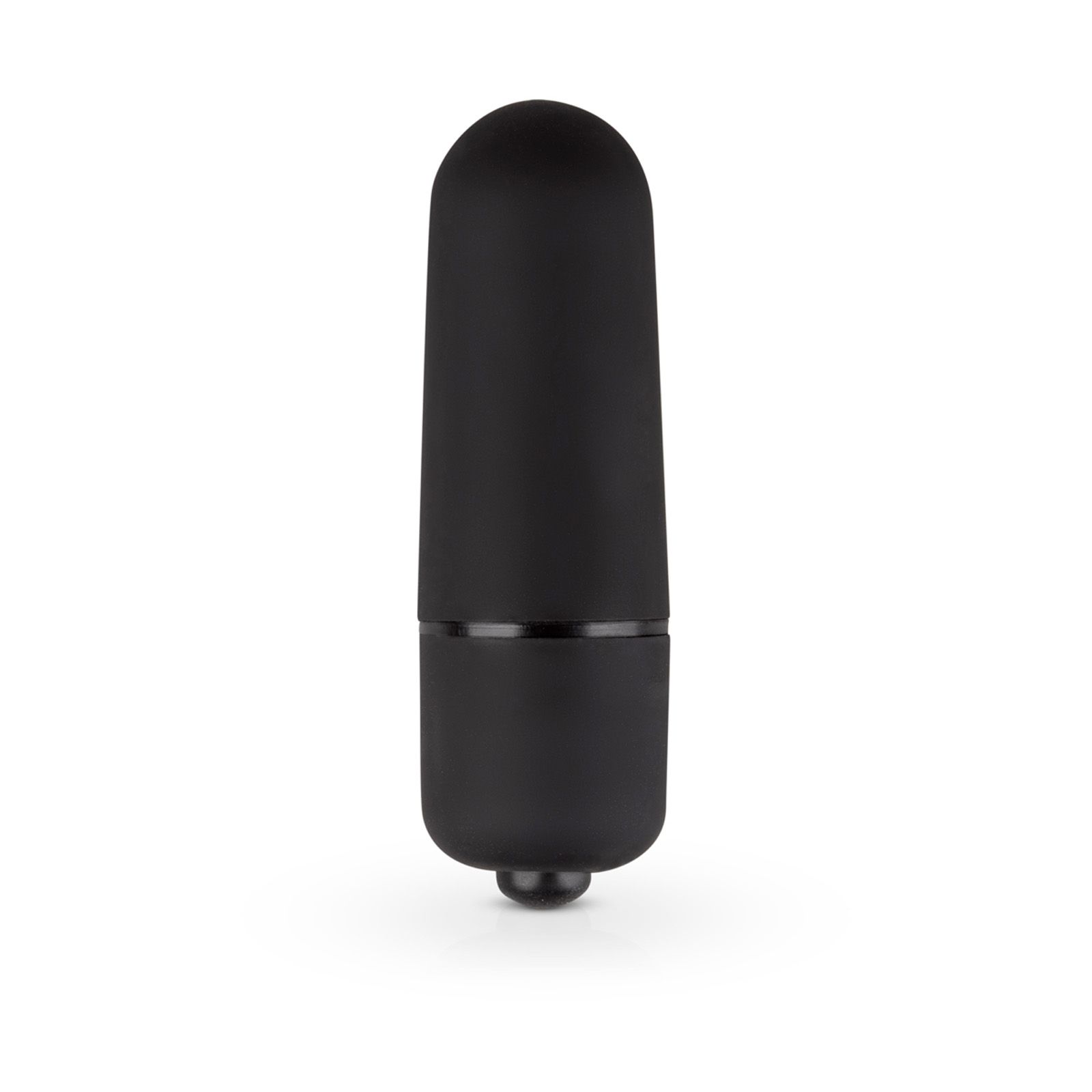 Schwarzer Vibrator. Zylindrische Form, abgerundete Spitze, Bedienknopf am unteren Ende. Glatte Oberfläche.