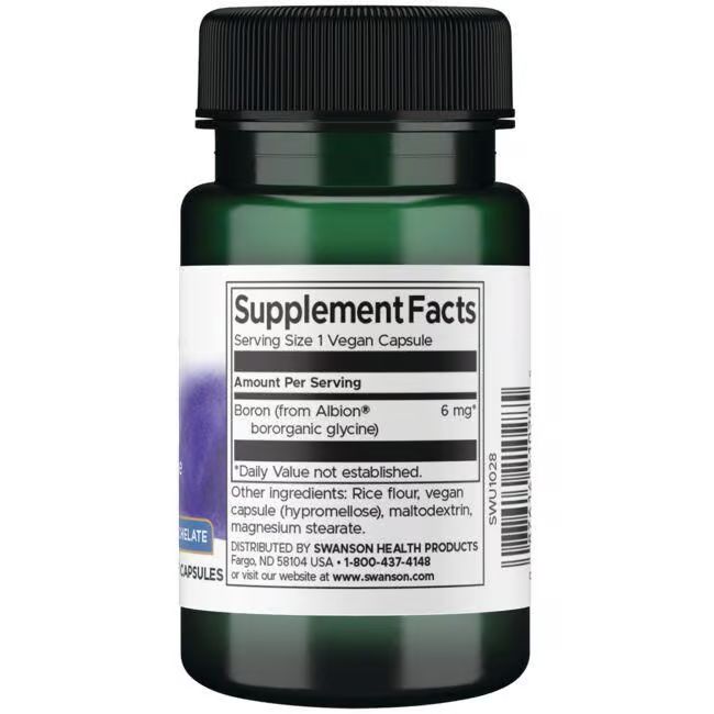 Rückseite der grünen Flasche. Etikett mit Nährwertangaben: Boron 6 mg, 1 vegane Kapsel. Zutatenliste.