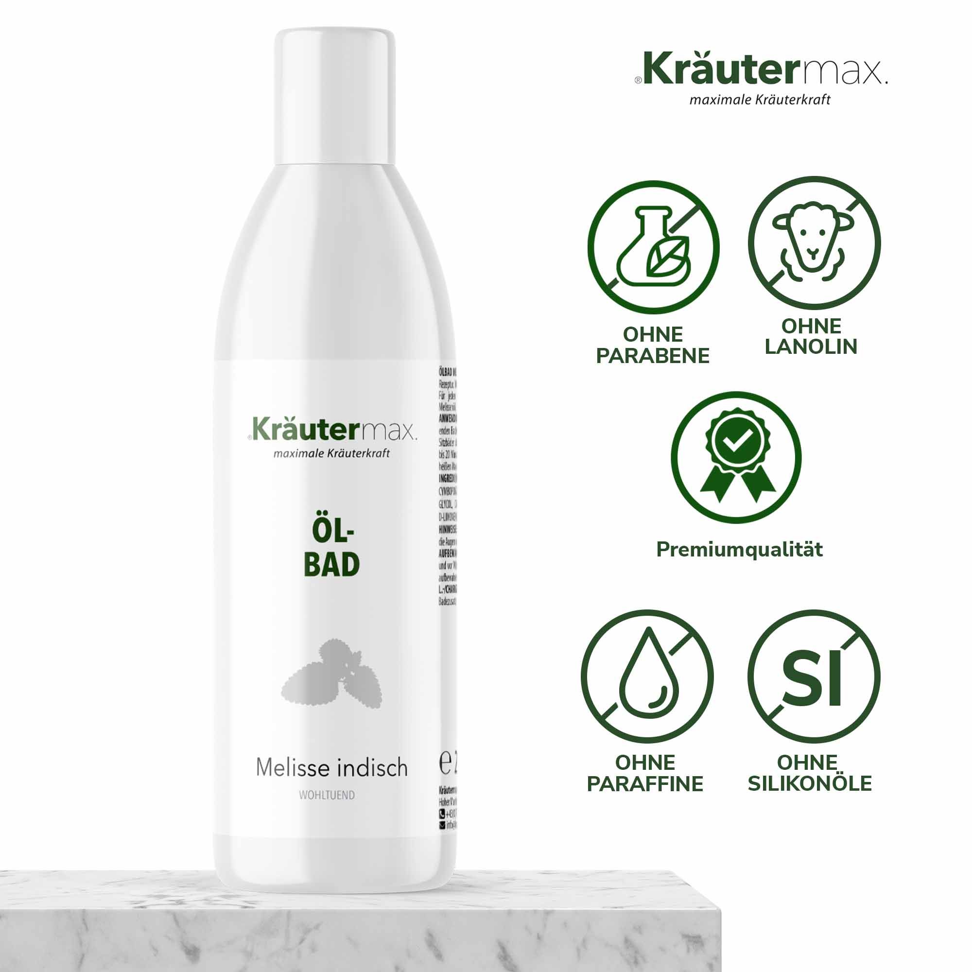 Weiße Flasche mit Kräutermax-Logo und Produktbezeichnung. Siegel: Ohne Parabene, Lanolin, Paraffine, Silikonöle. Premiumqualität.