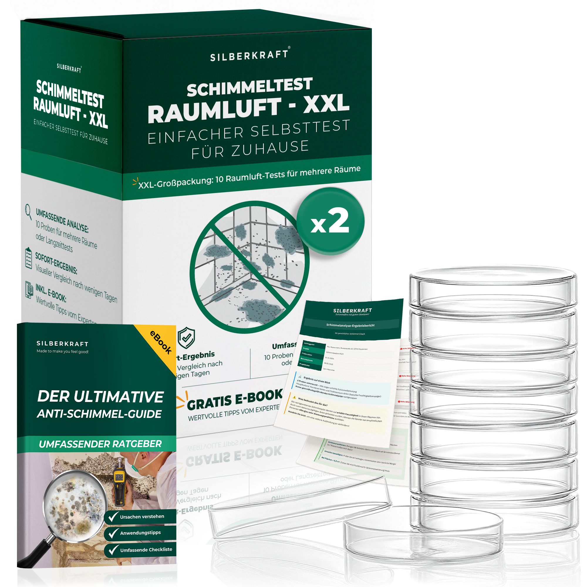 Produktverpackung mit Schimmeltest-Kit und eBook. Enthält Petrischalen und Anleitungen. XXL-Großpackung.