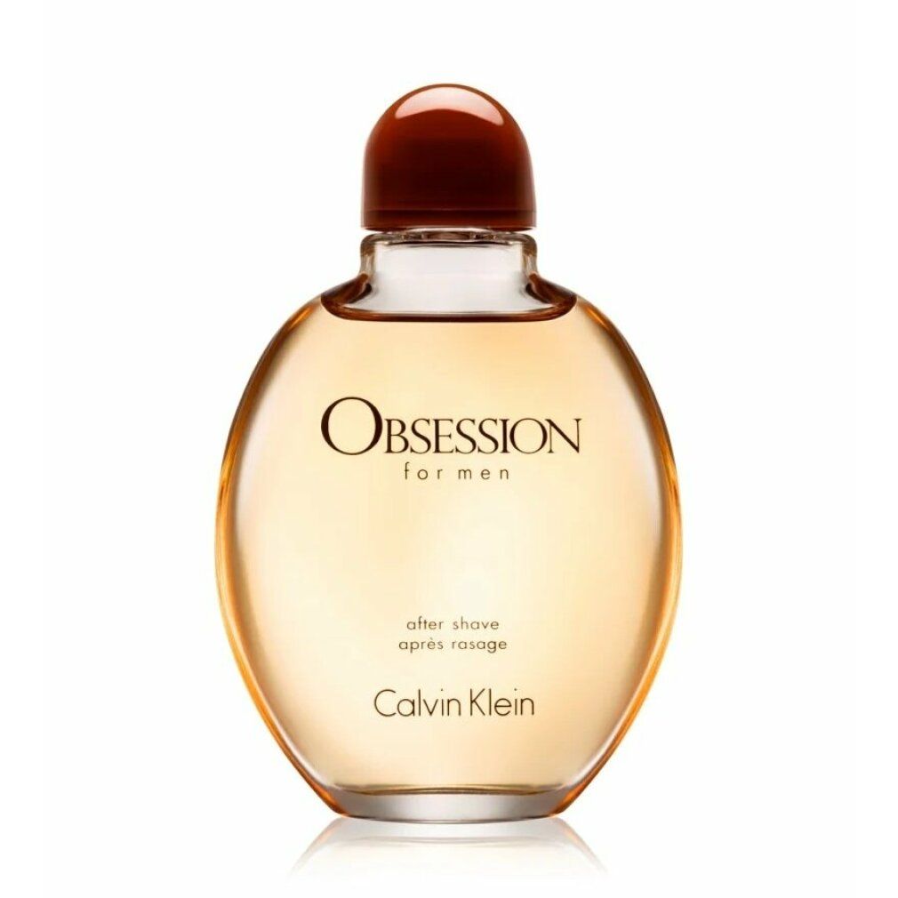 Runde Flasche mit braunem Deckel. Aufschrift: Obsession for men, after shave, Calvin Klein.